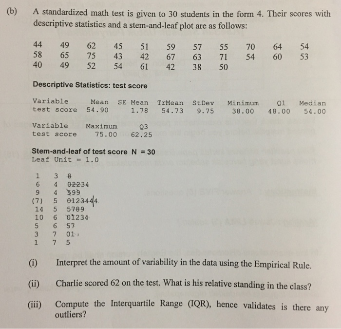 Solved (b) A Standardized Math Test Is Given To 30 Students | Chegg.com