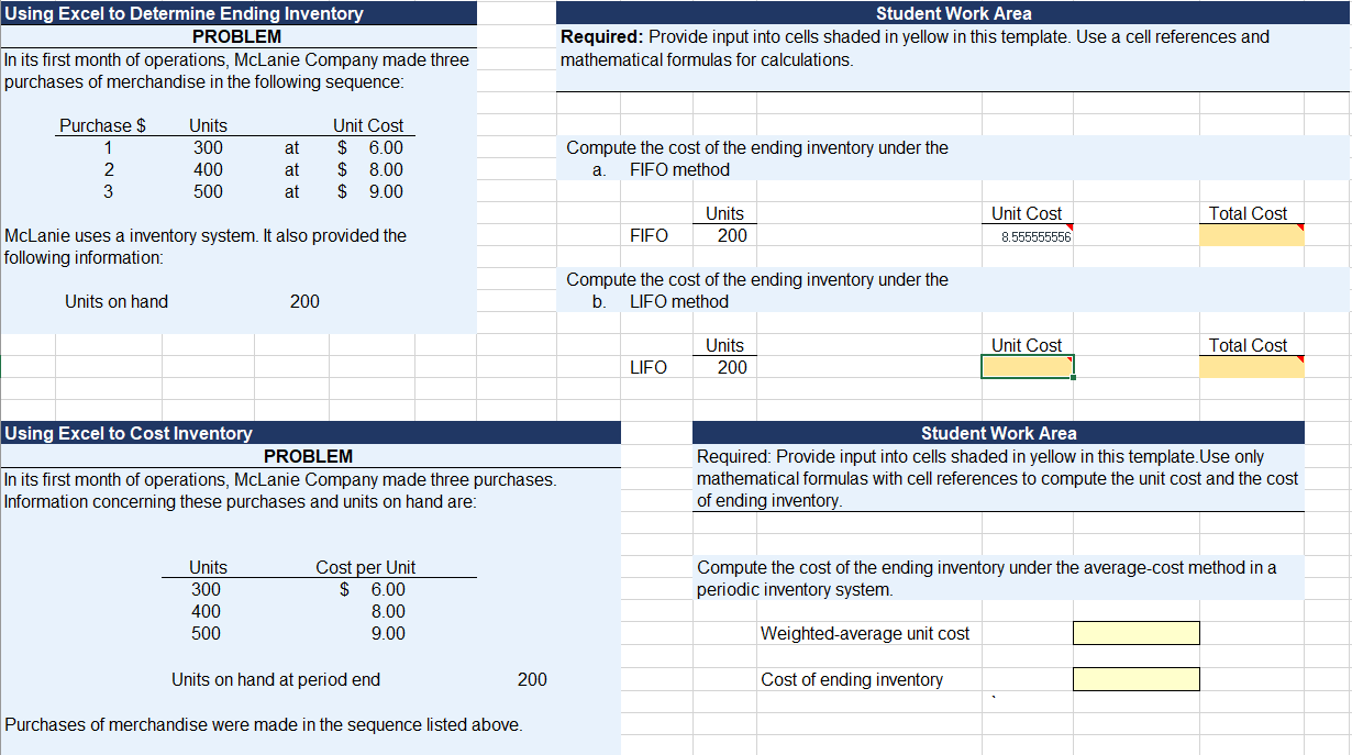 Using Excel to Determine Ending Inventory Student | Chegg.com
