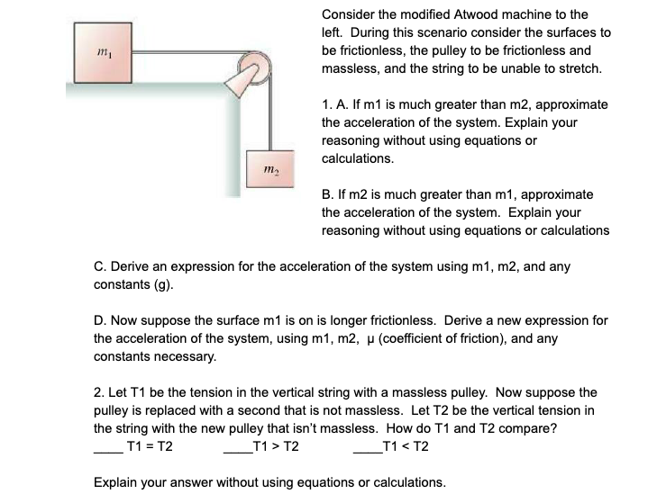 Solved Consider the modified Atwood machine to the left.