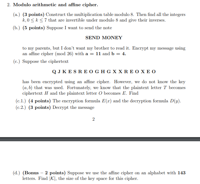 Solved 2 Modulo Arithmetic And Affine Cipher A 3 Chegg