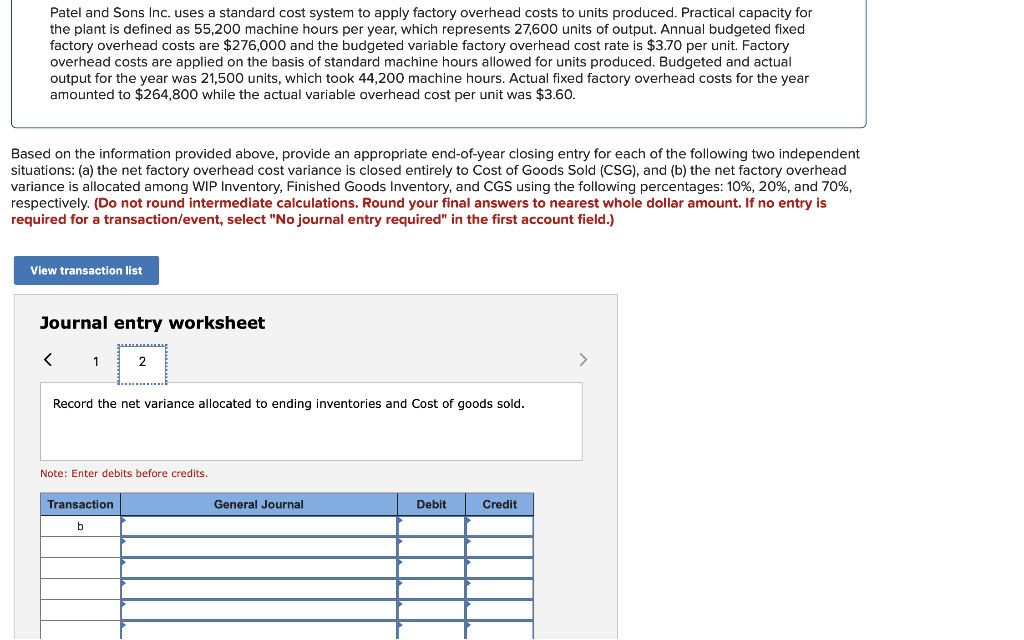 Solved Patel And Sons Inc Uses A Standard Cost System To Chegg Com