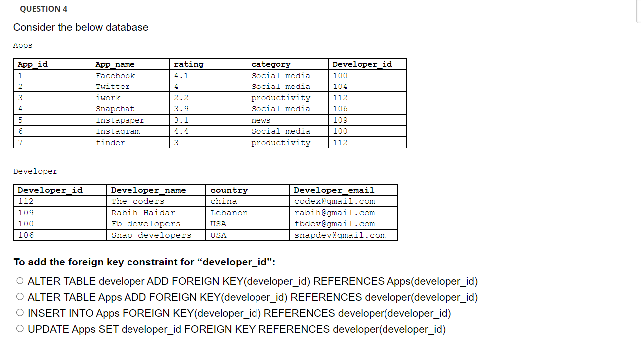 Solved Consider The Below Database Apps Developer To Add The | Chegg.com