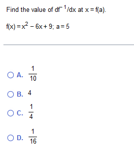 Solved Find the value of dx−1/dx at x=f(a). f(x)=x2−6x+9;a=5 | Chegg.com