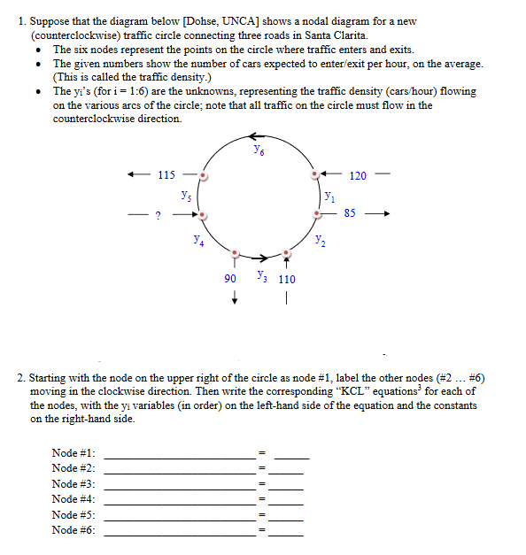 1. Suppose that the diagram below [Dohse, UNCA] shows a nodal diagram for a new
(counterclockwise) traffic circle connecting 