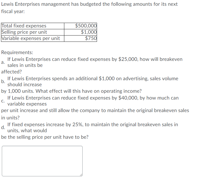 Solved Lewis Enterprises management has budgeted the