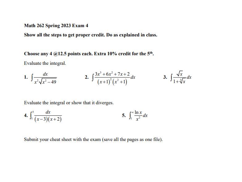 Solved Math 262 Spring 2023 Exam 4 Show all the steps to get | Chegg.com