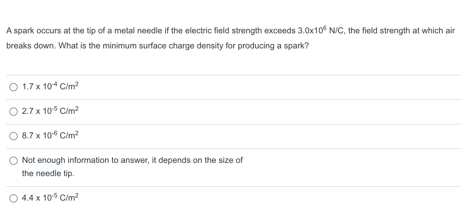Solved A spark occurs at the tip of a metal needle if the