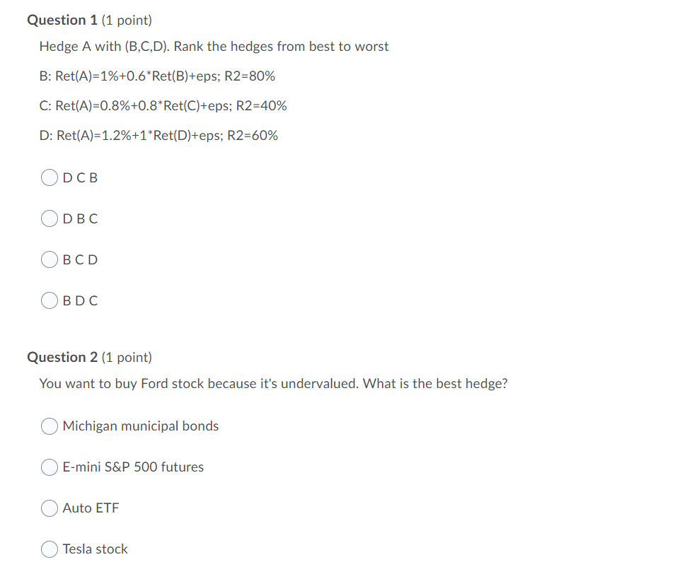 Solved Question 1 (1 Point) Hedge A With (B,C,D). Rank The | Chegg.com