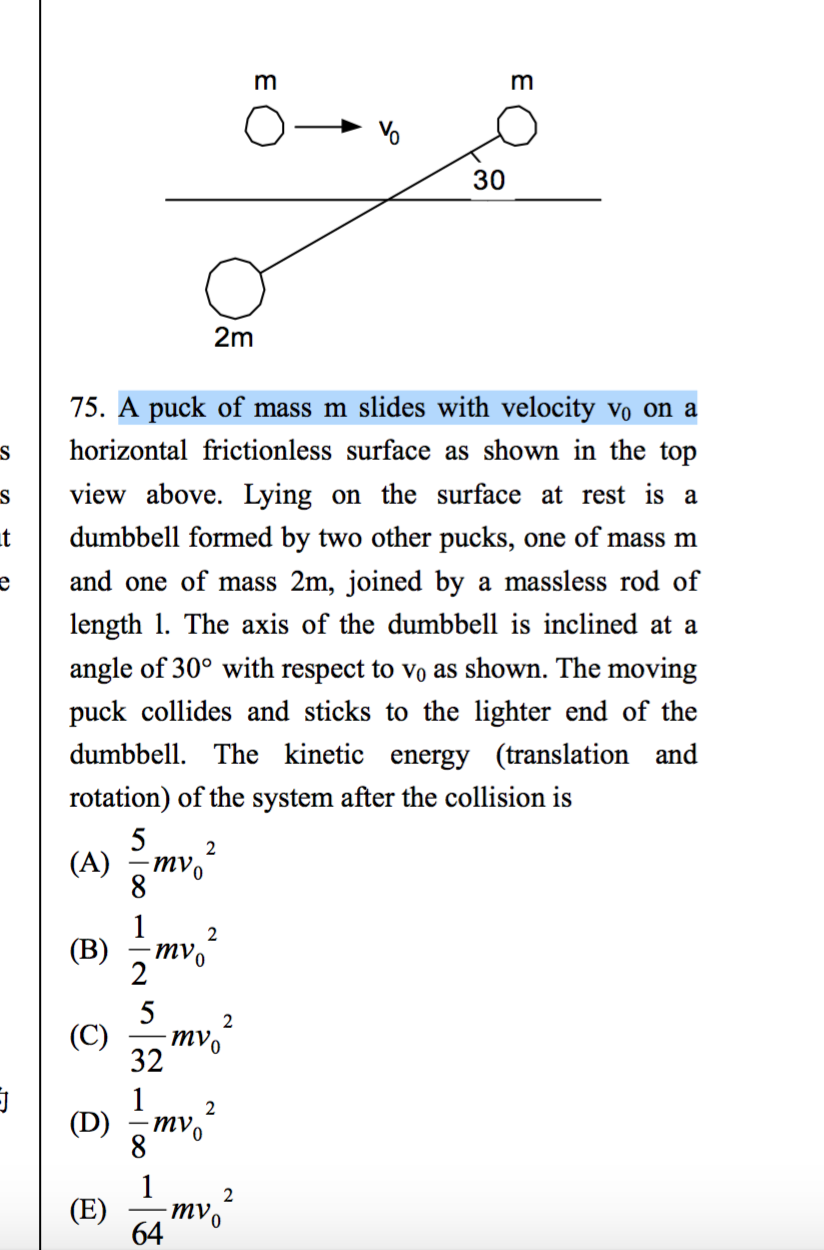 Solved 30 2m 75. A puck of mass m slides with velocity vo on