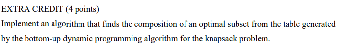 EXTRA CREDIT (4 points) Implement an algorithm that finds the composition of an optimal subset from the table generated by th