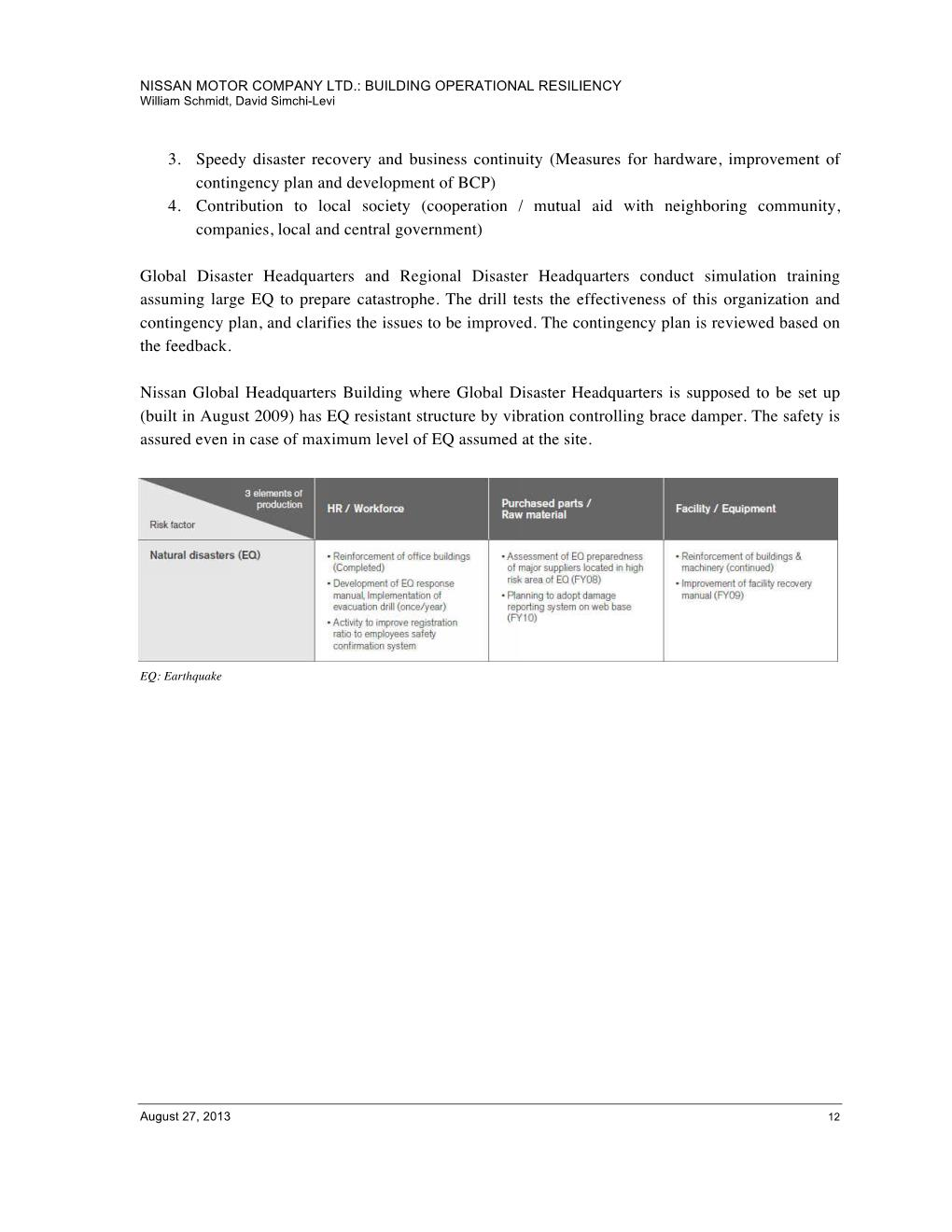 NISSAN motor company ltd.: building operational resiliency william schmidt, david simchi-levi 3. speedy disaster recovery and