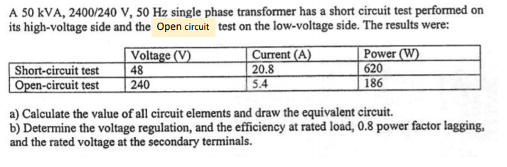 Solved A 50 kVA, 2400/240 V, 50 Hz single phase transformer | Chegg.com