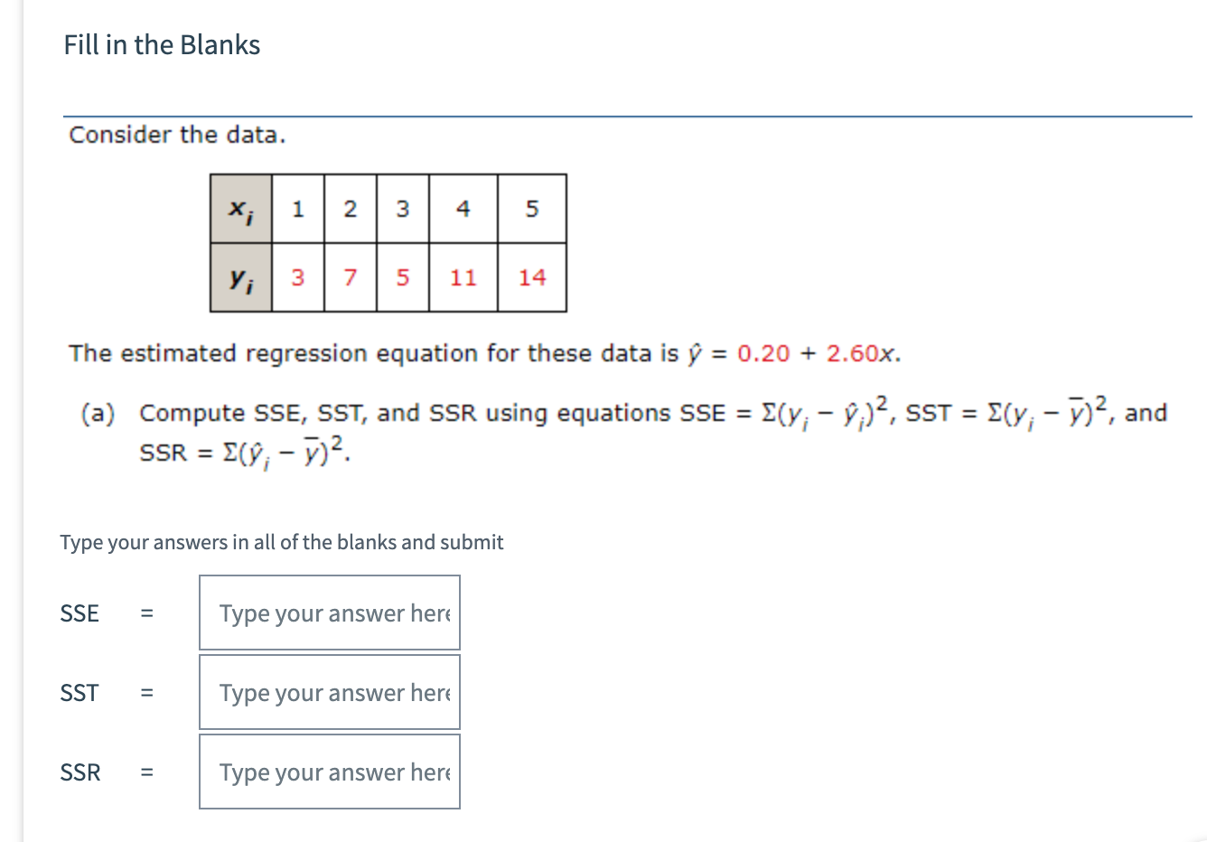 Solved Fill in the Blanks Consider the data. X; 1 2 3 4 5 y; | Chegg.com