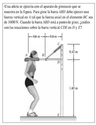 Una atleta se ejercita con el aparato de gimnasio que se muestra en la figura. Para girar la barra \( A B D \) debe ejercer u