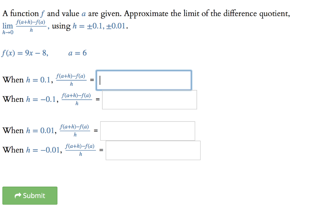 Lim Using H Solved A functionf and value a are lim a+h)-J(@). using h | Chegg.com