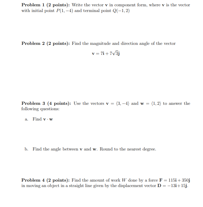 Solved Problem 1 (2 points): Write the vector v in component | Chegg.com