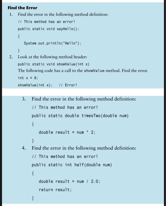 Solved Find the Error Find the error in the following method | Chegg.com