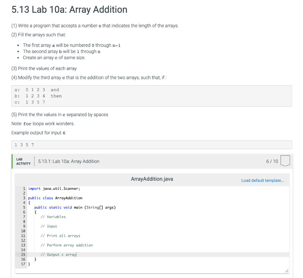 Solved 5.13 Lab 10a: Array Addition (1) Write a program that | Chegg.com