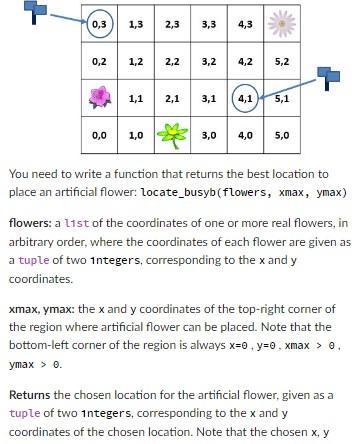 You need to write a function that returns the best location to place an artificial flower: Locate_busyb(flowers, xmax, ymax) 
