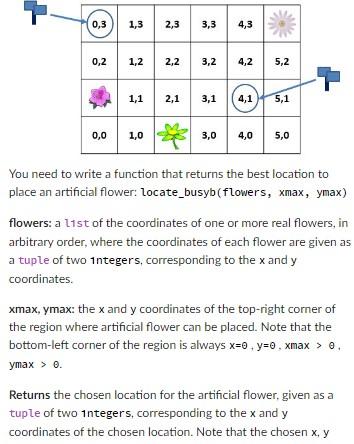 You need to write a function that returns the best location to place an artificial flower: Locate_busyb(flowers, xmax, ymax) 