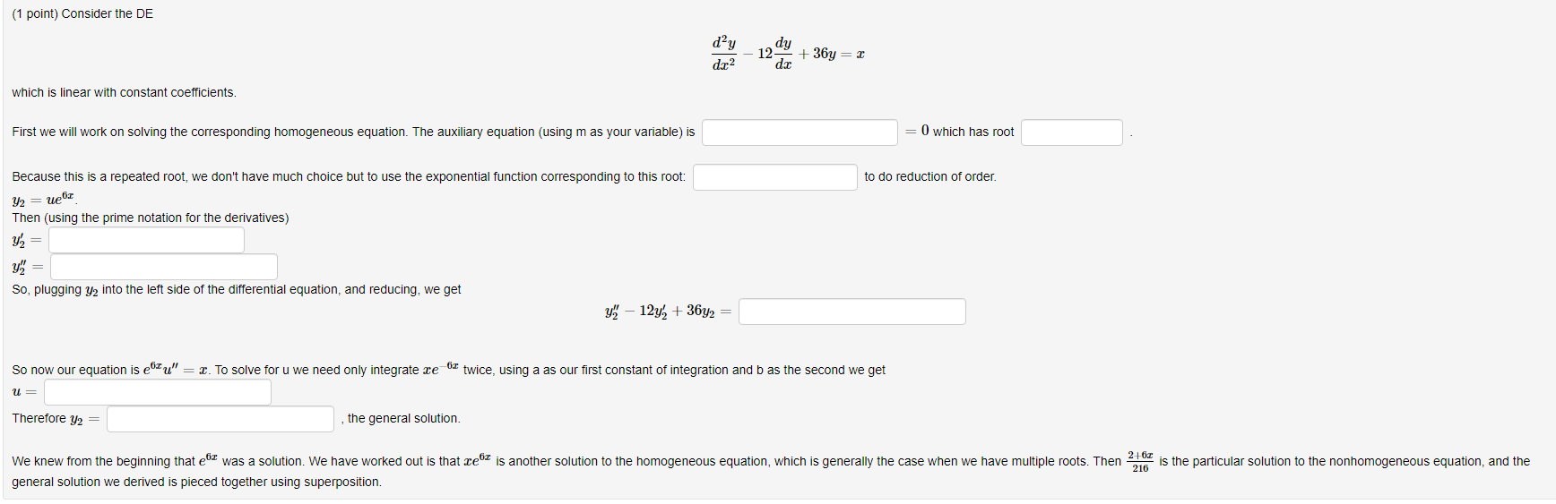 Solved (1 point) Consider the DE d2y dy 12 +36y dr2 da which | Chegg.com