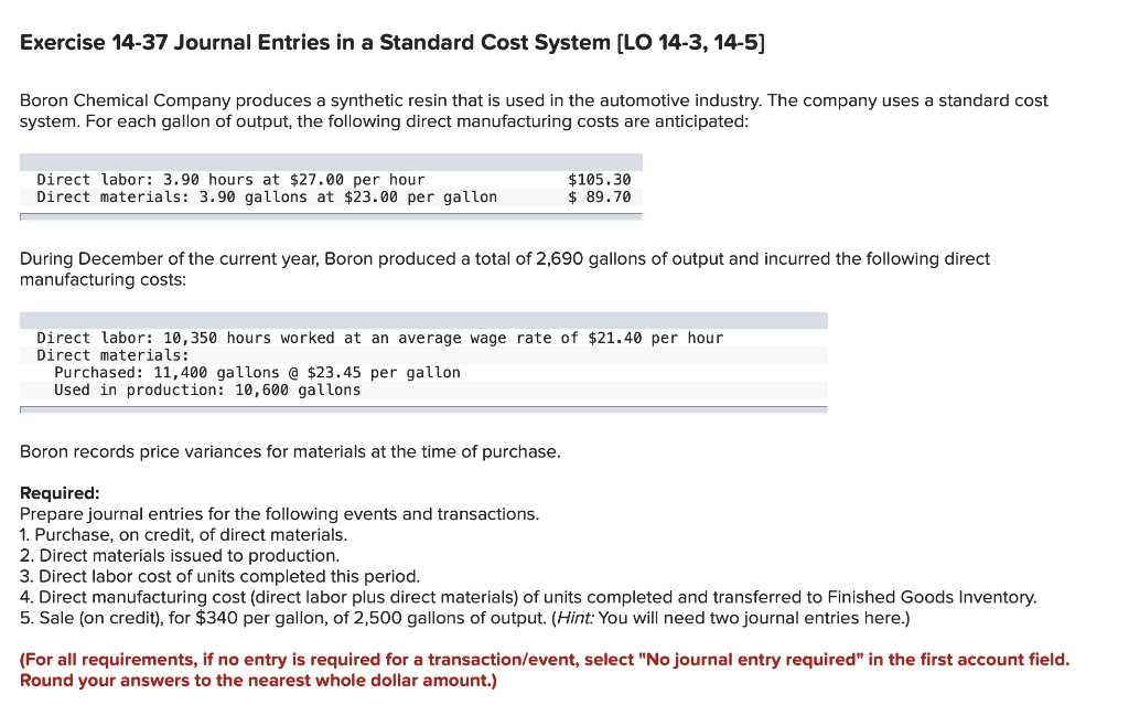 Solved Exercise 14-37 Journal Entries in a Standard Cost | Chegg.com