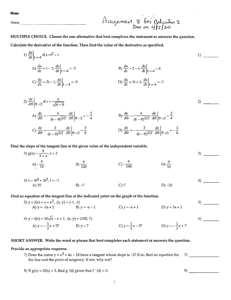 Solved Name Assignment & for Calculus I Due on 415/20 | Chegg.com