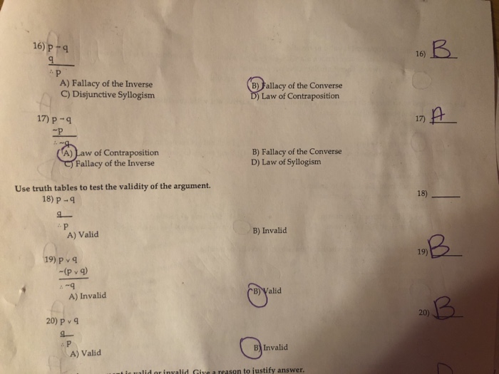 Solved 16) p q 16) A) Fallacy of the Inverse C) Disjunctive | Chegg.com