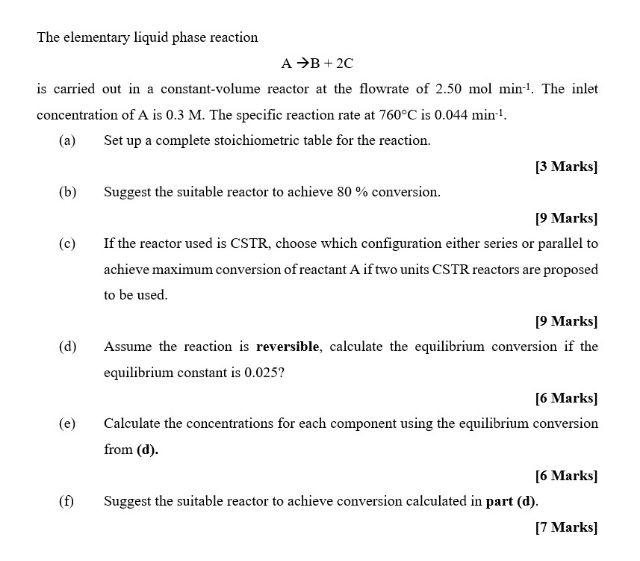 Solved The elementary liquid phase reaction A→B+2C is | Chegg.com