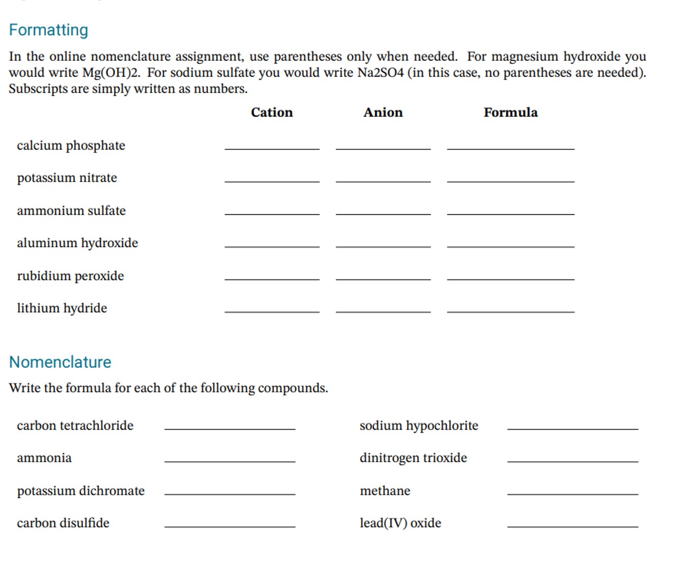 Solved FormattingIn the online nomenclature assignment, use | Chegg.com