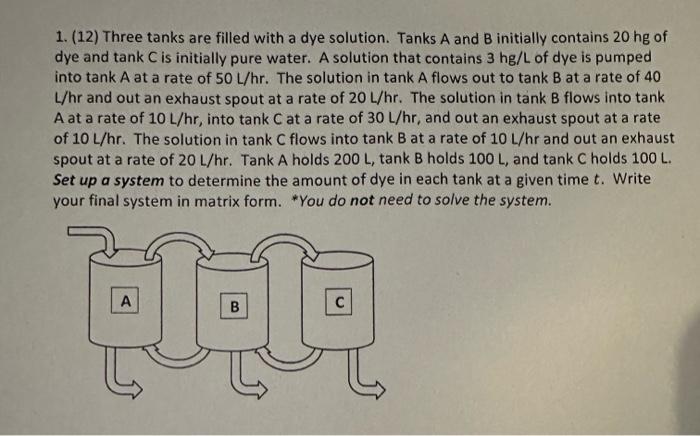 1. (12) Three tanks are filled with a dye solution. Tanks \( A \) and B initially contains \( 20 \mathrm{hg} \) of dye and ta