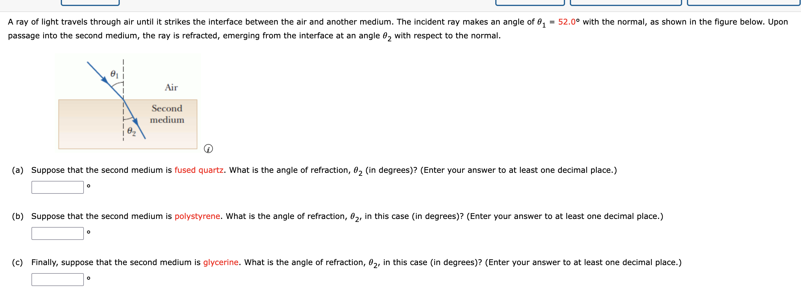 Solved A ray of light travels through air until it strikes | Chegg.com