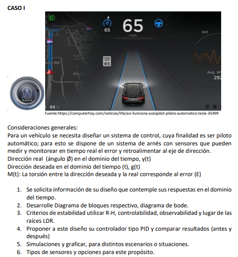 Consideraciones generales: Para un vehículo se necesita diseñar un sistema de control, cuya finalidad es ser piloto automátic