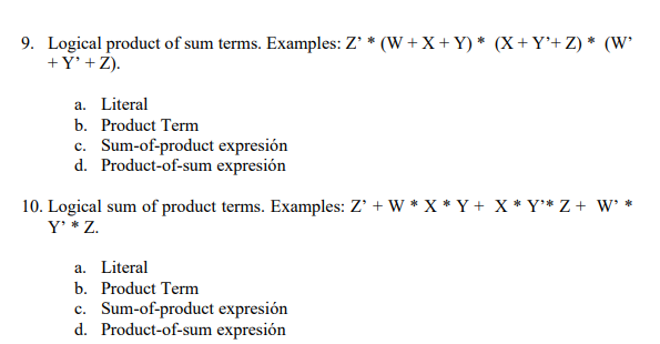 Solved 9. Logical product of sum terms. Examples: Z'* | Chegg.com