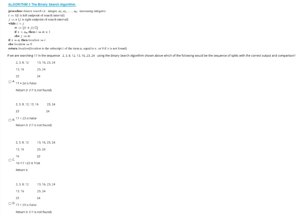 Solved ALGORITHM 3 The Binary Search Algorithm. Procedure | Chegg.com