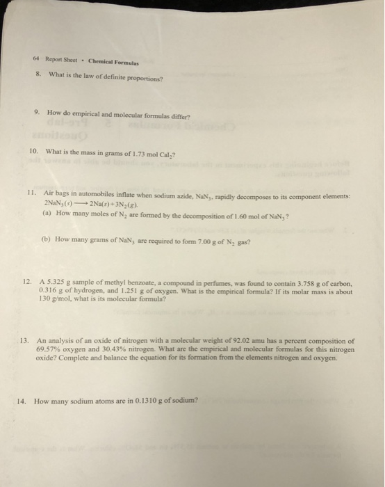 Solved 64 Report Sheet Chemical Formulas 8. What is the law | Chegg.com