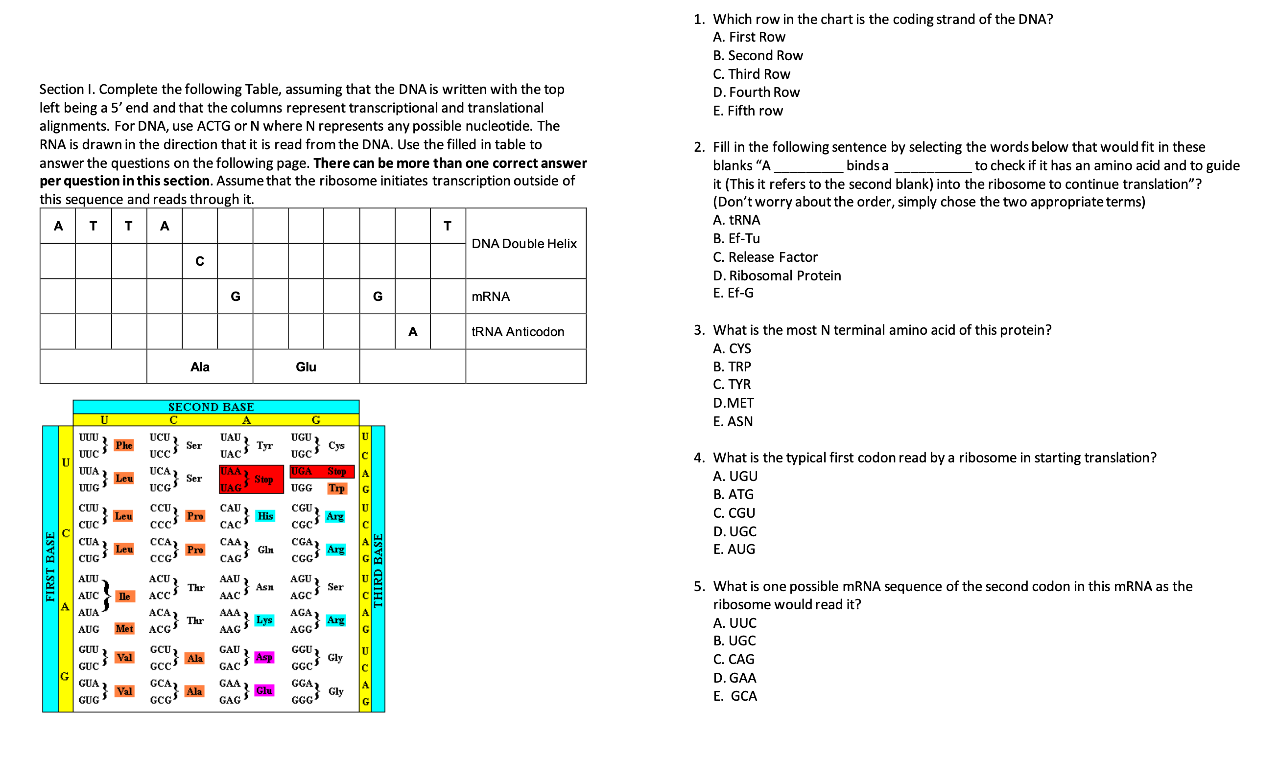 Solved 1. Which row in the chart is the coding strand of the