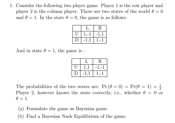 1. Consider the following two player game. Player 1 | Chegg.com