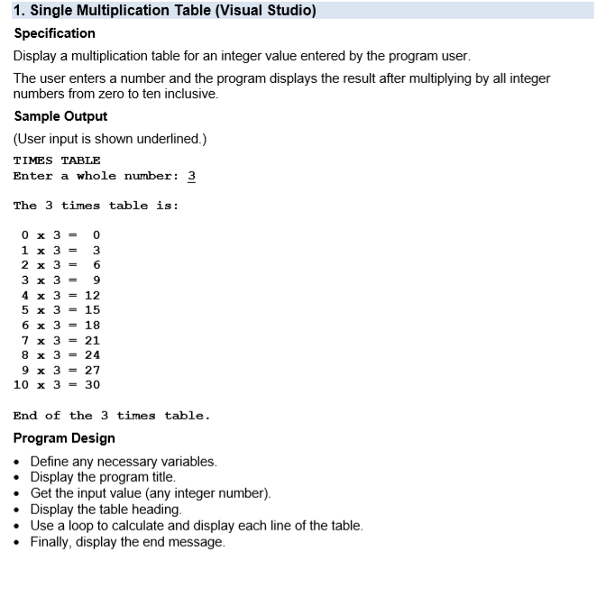 Solved 1. Single Multiplication Table (Visual Studio) | Chegg.com