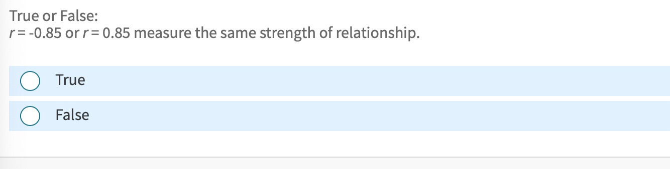 Solved True or False: r=-0.85 or r=0.85 measure the same | Chegg.com