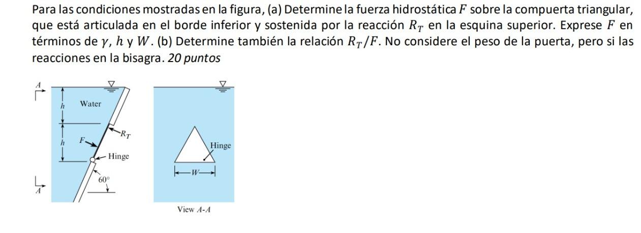 Para las condiciones mostradas en la figura, (a) Determine la fuerza hidrostática F sobre la compuerta triangular, que está a