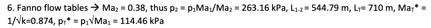 6. Fanno flow tables ? Ma? = 0.38, thus p2 = p?Ma?/Ma? = 263.16 kPa, L?-2 = 544.79 m, L?= 710 m, Ma+* =
1/?k=0.874, p?* = p??