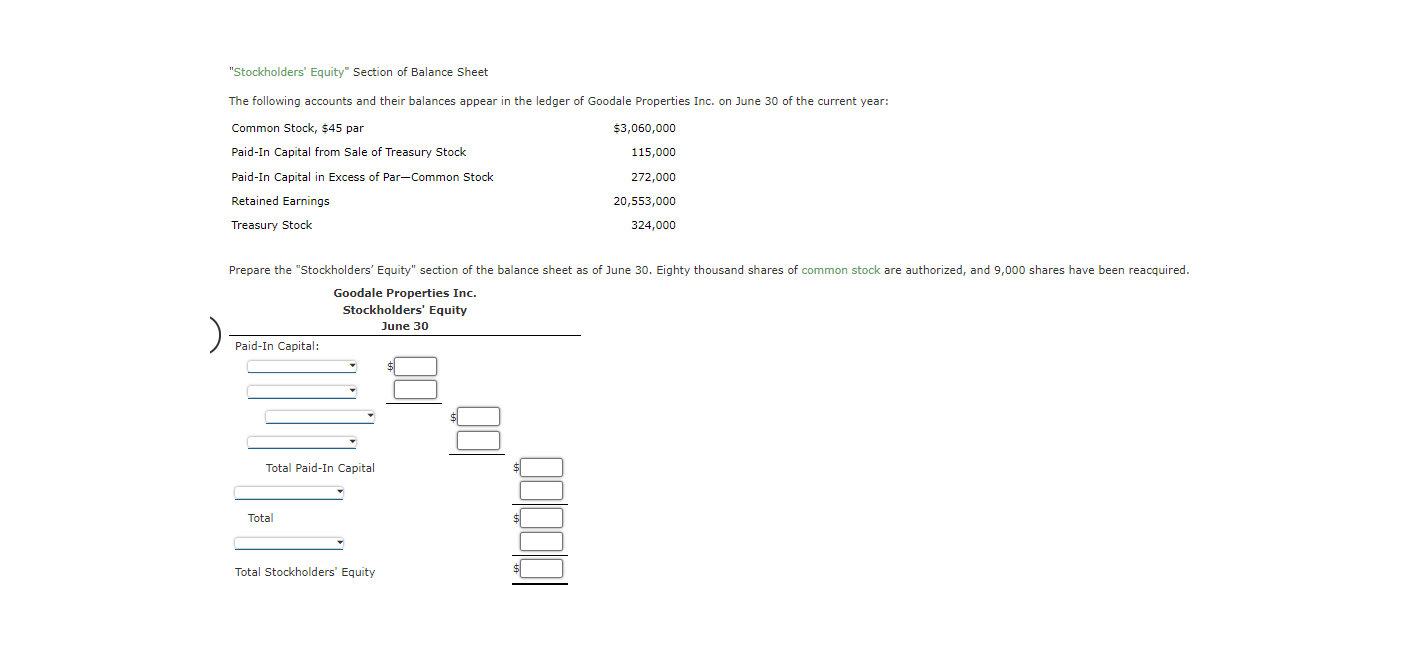 Solved Stockholders Equity Section Of Balance Sheet The Chegg