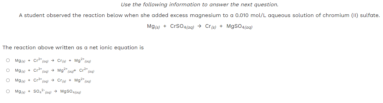 Solved Mg(s)+CrSO4(aq)→Cr(s)+MgSO4(aq) The reaction above | Chegg.com