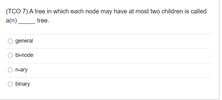 Solved (TCO 7) A tree in which each node may have at most | Chegg.com