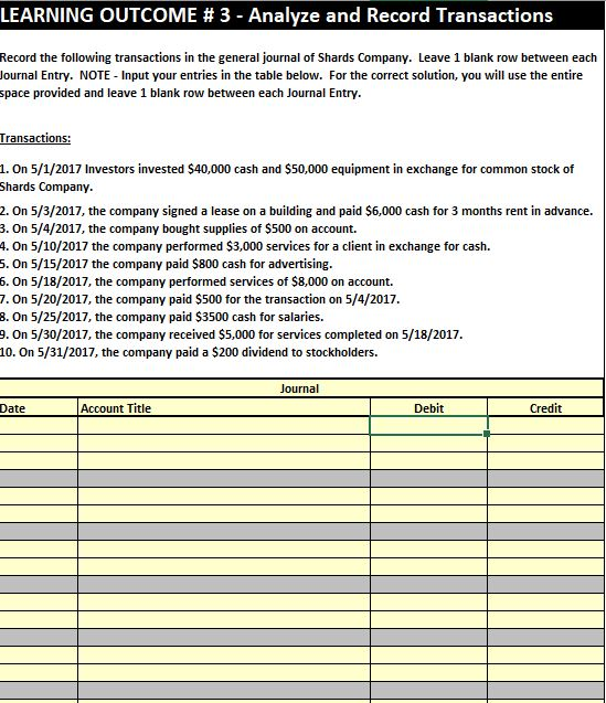 Solved LEARNING OUTCOME 3 Analyze and Record Transactions