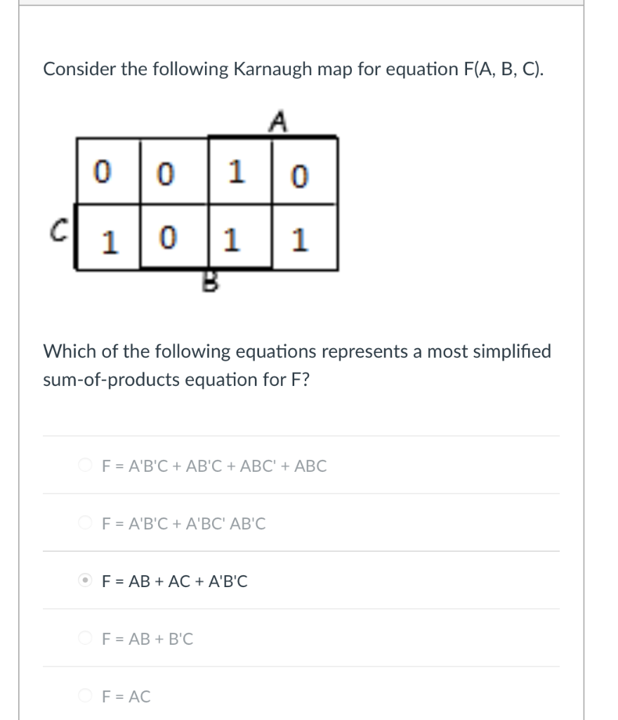 Solved Consider the following Karnaugh map for equation F(A, | Chegg.com