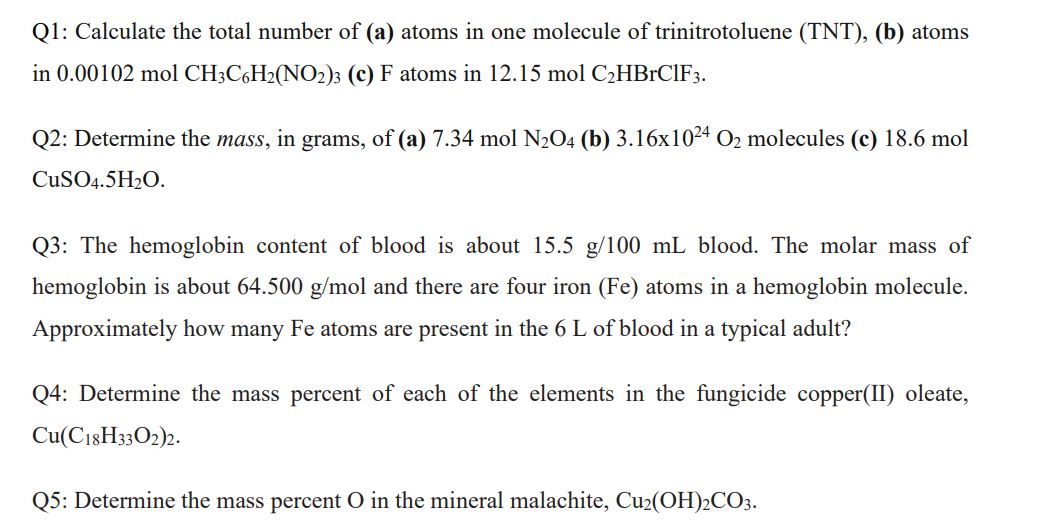 Solved Q1: Calculate the total number of (a) ﻿atoms in one | Chegg.com