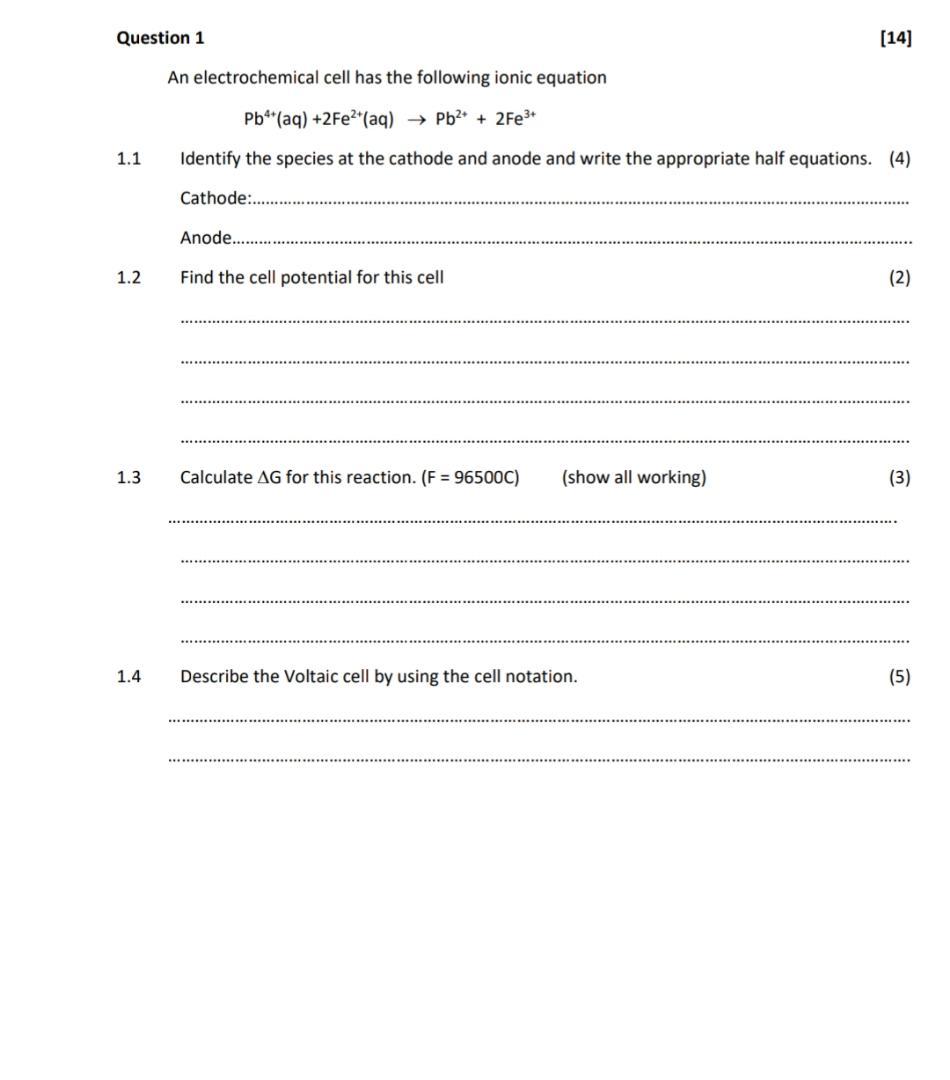 Solved Question 1 [14] An electrochemical cell has the | Chegg.com