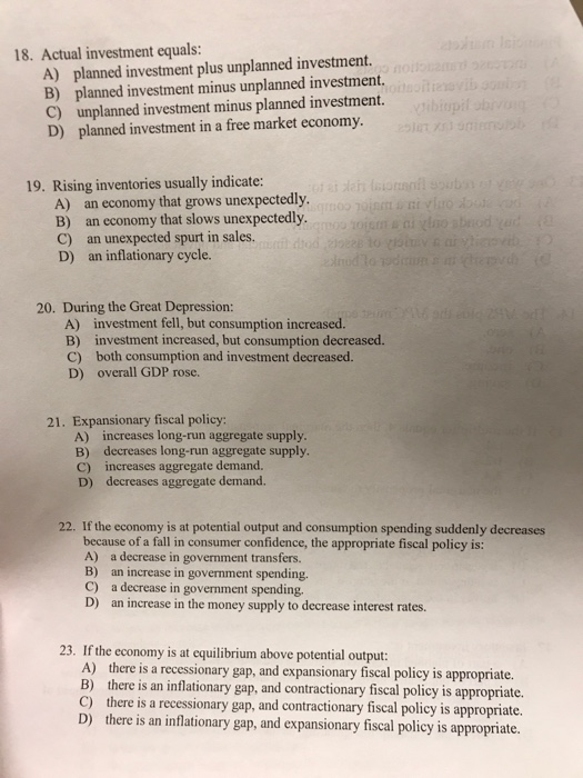 Solved Actual investment equals: A) planned investment plus | Chegg.com